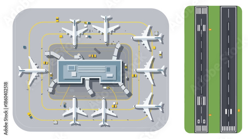 Aerial view of an airport with planes terminal and runways depicted