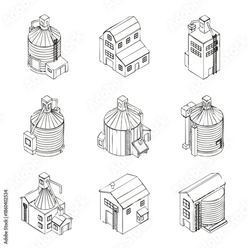 Collection of isometric line art illustrations depicting various industrial factory buildings and structures, including manufacturing and distribution facilities.