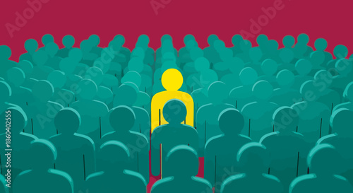 One Standing Out Yellow Person in Crowd of Teal Silhouettes Symbolizing Individuality Uniqueness Leadership and Difference