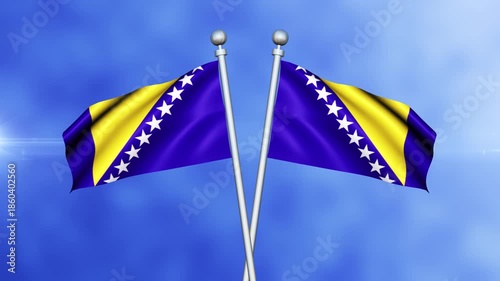 Bosnia and Herzegovina Crossed Flags Waving in Blue Sky Loop Animation | Realistic 3D National Flag Background