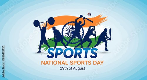 National Sports Day India Silhouettes Celebrating Sports and Athletics with Indian Flag Colors and Ashoka Chakra