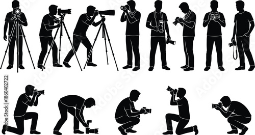 Collection of professional photographer silhouettes in various shooting poses with cameras tripods and telephoto lenses for photography business and creative media