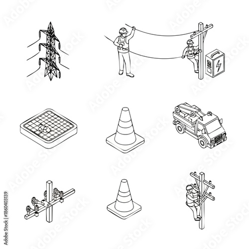 Electricity Industry Icons: Power Line Workers, Pylon, Utility Truck, Manhole Cover, and Traffic Cones in Isometric Style.