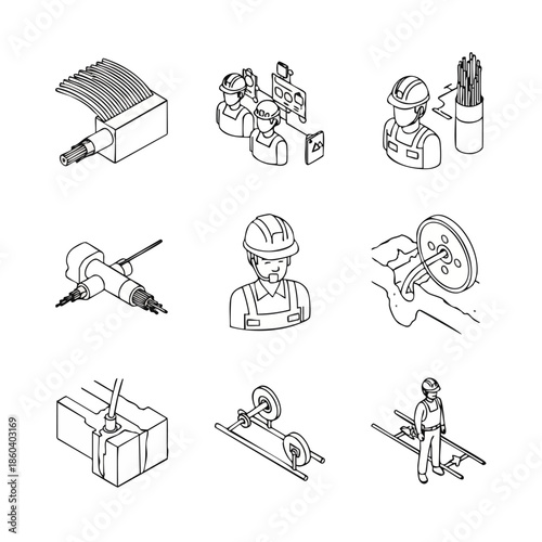 Fiber Optic Cable Installation and Maintenance Process Icons - Isometric Line Art.