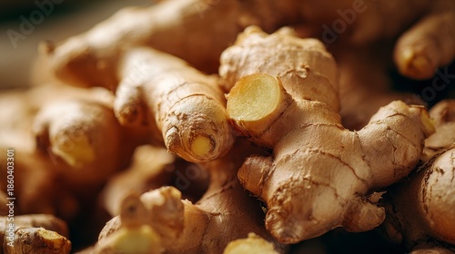 Close-up of several uncut, fresh rhizomes with an earthy brown color, one partially sliced to show the pale yellow interior