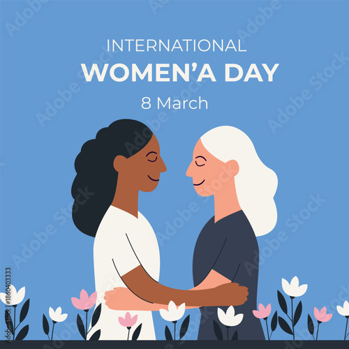 Two women embrace with gentle smiles, surrounded by white and pink flowers on a blue background. A peaceful and heartfelt tribute to unity and support on International Women's Day, March 8.