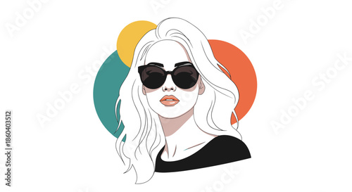 Modern vector portrait of a stylish young woman wearing dark sunglasses with blonde hair against a colorful circular background.