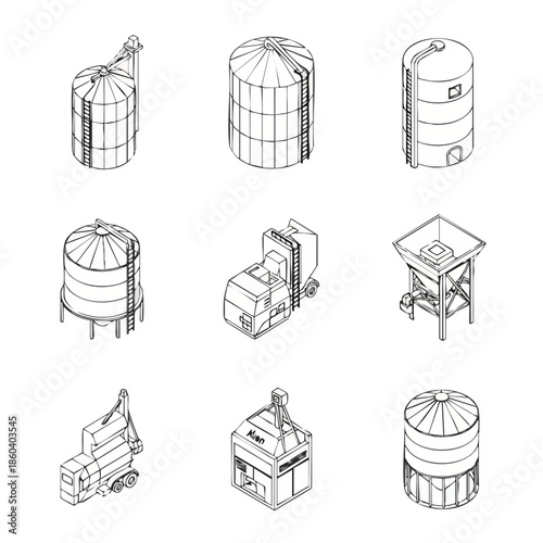 Industrial Silo and Truck Icons Set: Agriculture, Grain Storage, and Logistics.