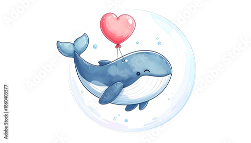 A charming blue whale floats within a bubbly circle, holding a pink heart balloon