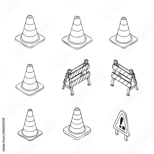 Isometric black and white line art collection of construction and traffic control objects including safety cones, barricades, and warning signs