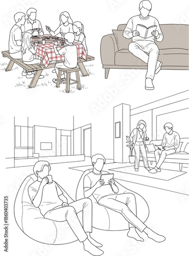 Family having a picnic together at a table outdoors, a man reading a book on a sofa, and people relaxing indoors with technology.