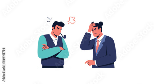 Two angry businessmen are having a serious disagreement or argument while one of them is smoking a pipe in a professional setting.