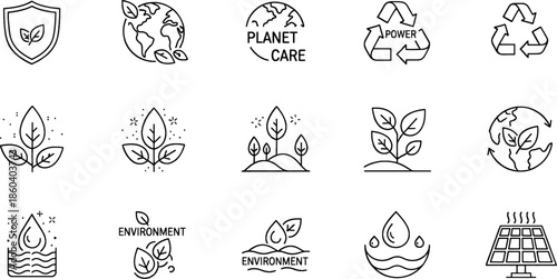 Eco-friendly icon set featuring plants, earth, recycling symbols, and solar power for environmental awareness