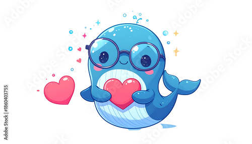 Animated blue whale wearing glasses, holding a heart, with bubbles and sparks