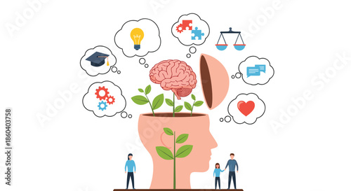 Human head opening up to reveal a brain and growing plants along with thought bubbles representing education and mental growth.