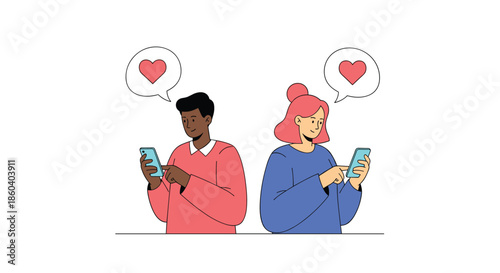 Young man and woman are interacting with their smartphones while heart icons appear in speech bubbles above their heads.
