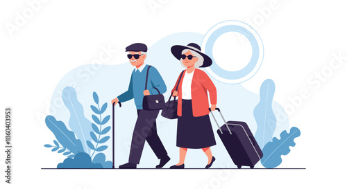 Elderly couple wearing sunglasses and hats is traveling together with a suitcase and walking stick in a stylized landscape.