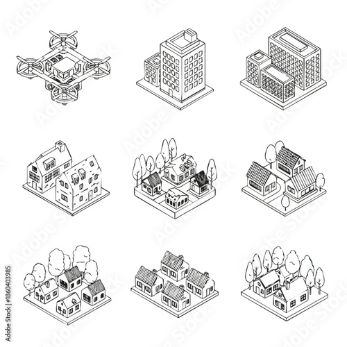 Isometric line art icons depicting urban planning elements including houses, apartment buildings, and a drone for survey or delivery concepts