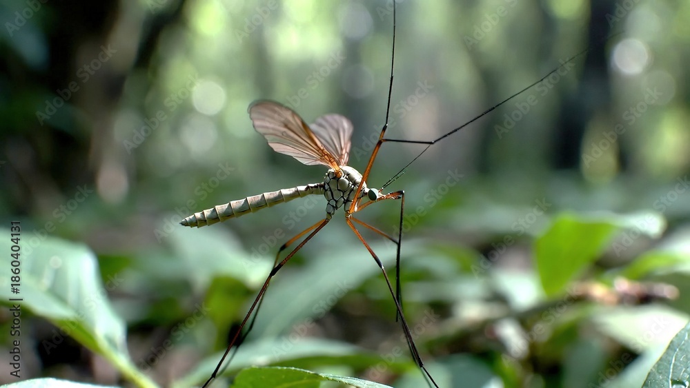 Fototapeta premium Detailed close-up of a crane fly on a green leaf in a blurred forest background.