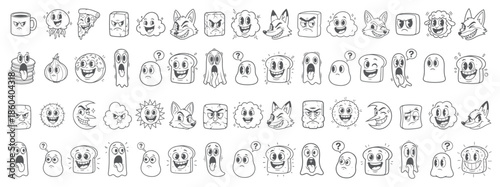 Cartoon Character Expression Set. Collection of Funny Comic Face Emoticons