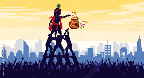 Dahi Handi Celebration Krishna Human Pyramid Reaching Pot of Curd with Festive Crowd and City Skyline Background