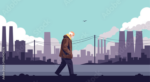 Older man wearing a face mask is walking through a gray urban environment with industrial chimneys polluting the air.