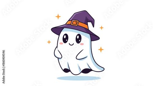 Cute floating kawaii ghost smiling sweetly and wearing a pointy purple witch hat, surrounded by little orange sparkles, isolated on white background.