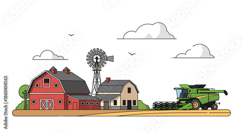 Typical rural farm scene includes a red barn and farmhouse along with a windmill and a modern green combine harvester in a field.