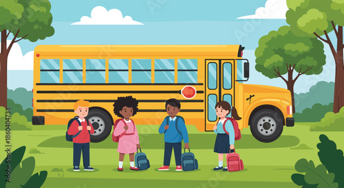 Diverse group of young school children are standing together in front of a yellow bus in a park before heading to classes.