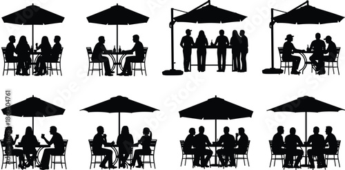 Collection of silhouettes featuring people sitting at tables under umbrellas dining and drinking in outdoor cafe restaurant or patio settings