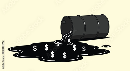 Black oil barrel is tipped over with crude oil spilling onto the ground and white dollar signs floating in the puddle.