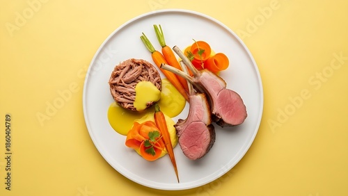 Modern French cuisine: Roasted Lamb neck & rack served with carrot, yellow curry pouring lamb sauce. Served in white plate, yellow background, copy space, top view,