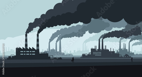 Wide panoramic view of an industrial area with numerous factory silhouettes emitting heavy dark smoke into a hazy sky.