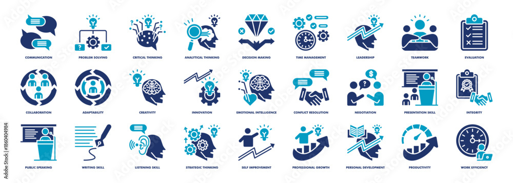 Fototapeta premium core professional skills icon set collection in glyph duotone style. icon set consist of communication, problem solving, critical thinking, analytical thinking, decision making, time management icon