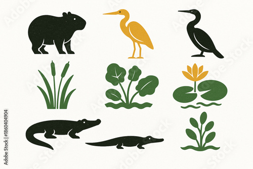Paraguayan wetlands vector icons rugged flat style