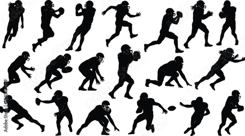 Large collection of American football player silhouettes performing various actions like running passing catching and tackling for sports competition and team