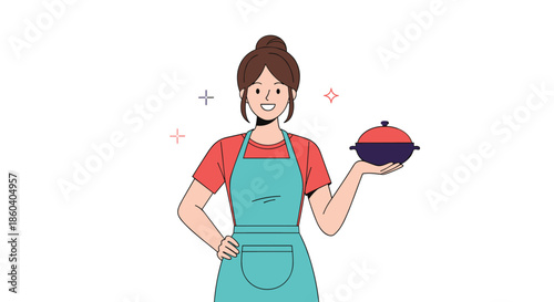 Friendly woman wearing an apron is holding a dark cooking pot with a lid while smiling in a simple kitchen illustration.
