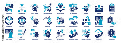 core professional skills set collection in glyph duotone style. icon set consist of communication, problem solving, critical thinking, analytical thinking, decision making, time management icon