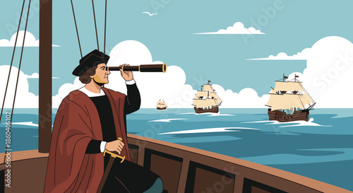 Historical scene of Christopher Columbus on a ship deck using a telescope to look at other sailing vessels on the open sea.