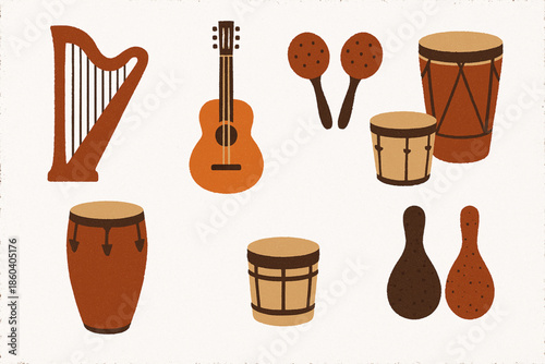 Paraguayan music instrument vector icons rugged flat style