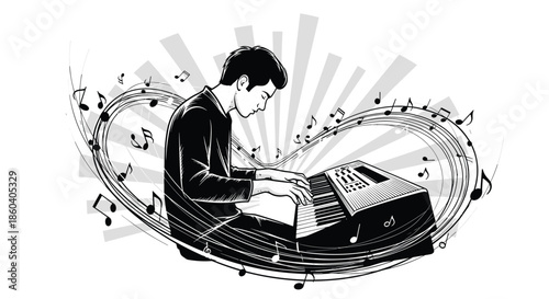 Artistic black and white illustration of a talented male musician playing a synthesizer with flowing musical notes around him.