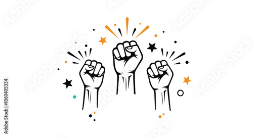 Powerful illustration of three raised clenched fists surrounded by stars and rays representing unity strength and protest.