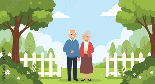 Happy elderly couple standing together in a peaceful green park with a white fence and lush trees under a clear blue sky.
