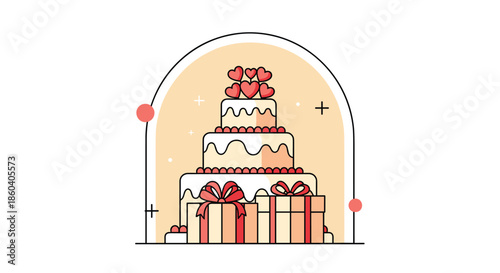 Beautiful three tiered wedding cake decorated with hearts and pearls surrounded by gift boxes in a stylish arched frame.