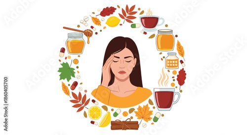 Stressed woman suffering from a headache surrounded by autumn leaves tea honey and medicine icons in a circular layout.