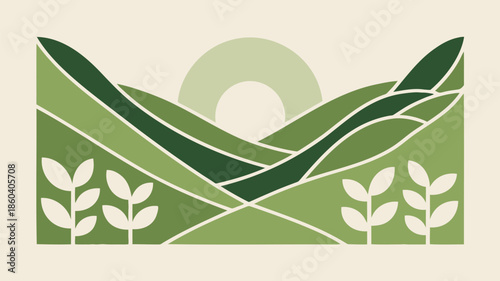 Serene green hills with sunrise and plants growing