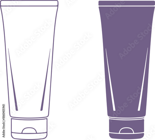 Cosmetic squeeze tube packaging for cream or lotion shown as outline and solid black vector graphic