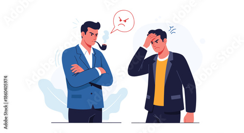 Illustration showing a conflict between two men with one angry man smoking a pipe and another man looking very stressed.