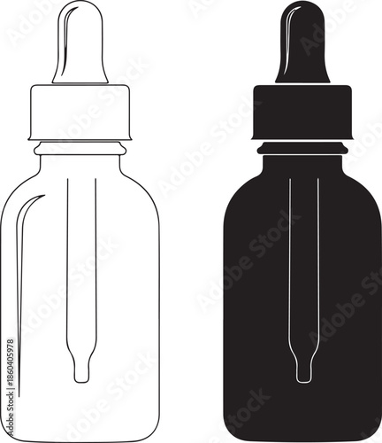 Dropper bottle glass container outline and silhouette icons set for serum essence oil pharmaceutical packaging cosmetic product