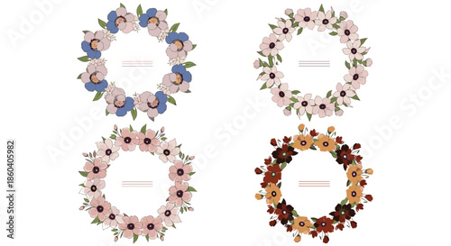 Set of four beautiful circular floral wreaths with various flowers and leaves in different elegant color combinations.